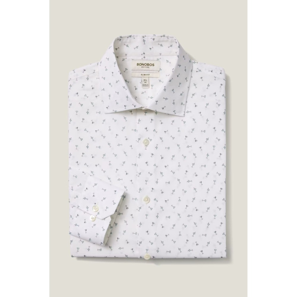 Bonobos Stretch Slim Fit Shirt Mens 16.5 35 White Blue Martini Glass Print